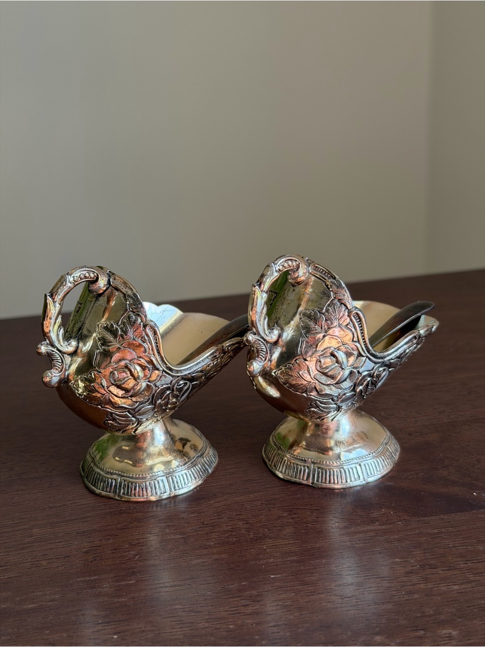 Elegant Silver-Tone Floral Pair of Decorative Sugar Scuttles With Spoons